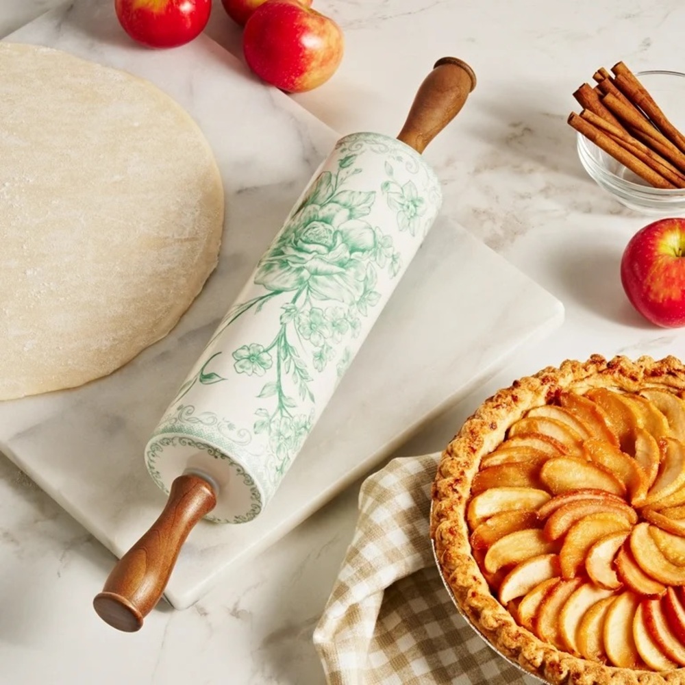 2025 🌺 New Pioneer Woman Agatha Ceramic Rolling Pin with Olivewood Handles